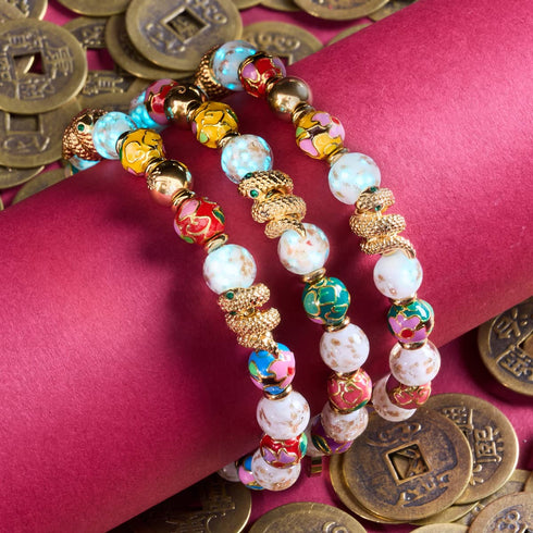 Bracelet serpent en verre avec motif de dragon nuageux | Lotus en émail | Luciole blanche